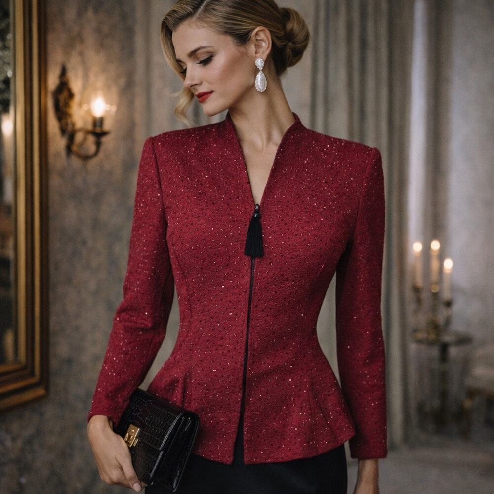 Vintage Glamour Beaded Sequins Statement Luxury Cherry Red Zip-Up Formal Jacket